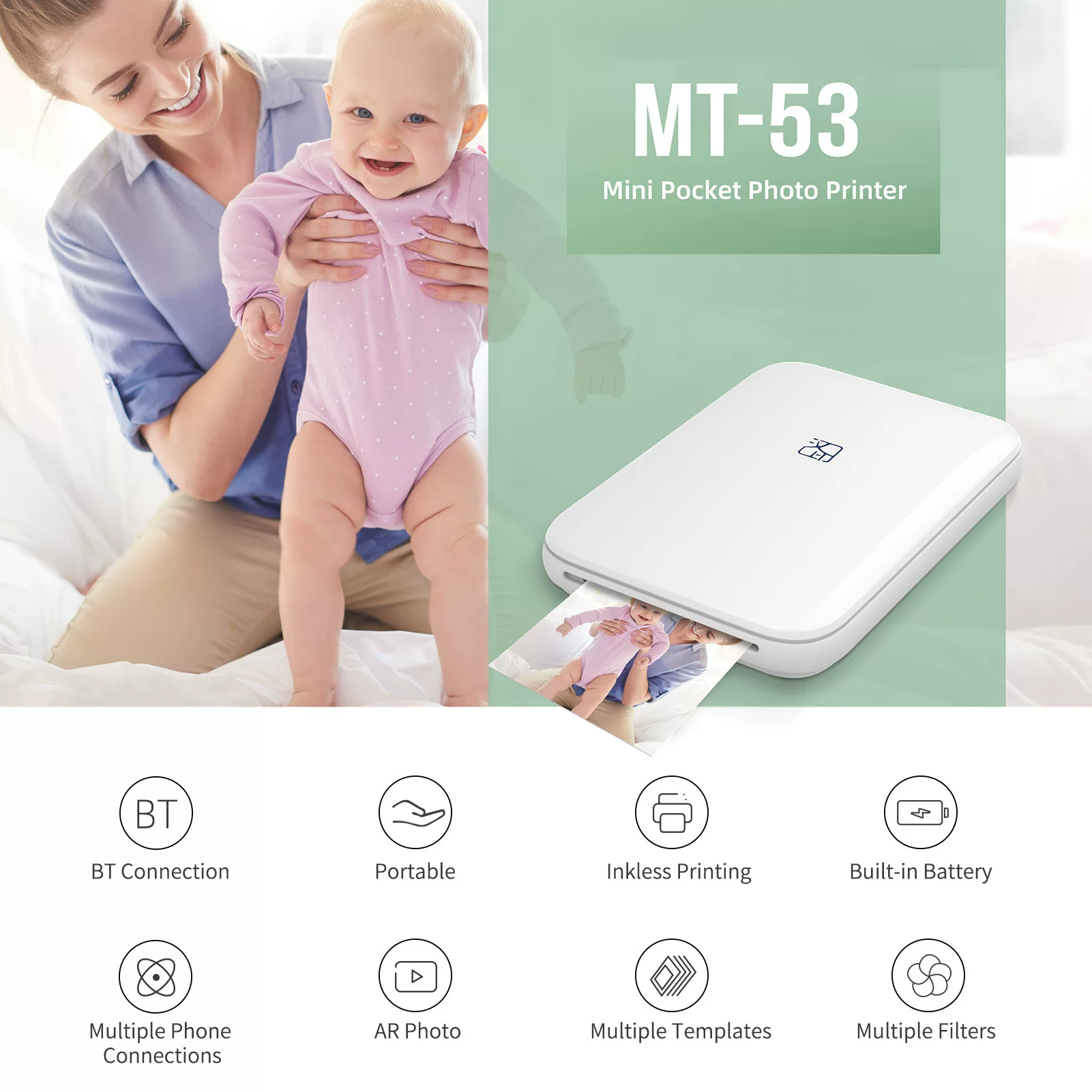 Hanyin MT53 color photo printer, portable Bluetooth mini 3-inch pocket photo printer for ID photos