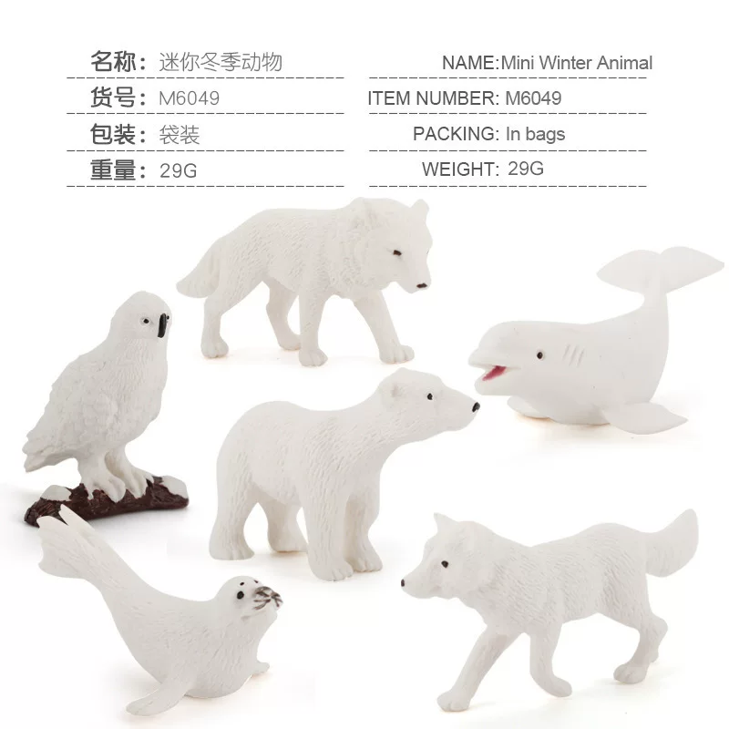 Miniature models of simulated animals, polar bears, white foxes, white dolphins, seals, white animal sets, children's ornaments
